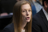 Monika Bickert, head of global policy management at Facebook, testifies before the Senate Commerce, Science and Transportation Committee during a hearing on how internet and social media companies are prepared to thwart terrorism and extremism, Wednesday, Sept. 18, 2019, on Capitol Hill in Washington. (AP Photo/J. Scott Applewhite)