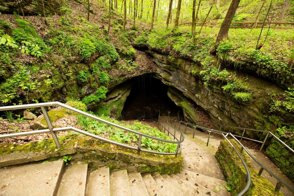 Steps lead the way to Mammoth Cave Historic Entrance, the largest natural opening to the cave system below.