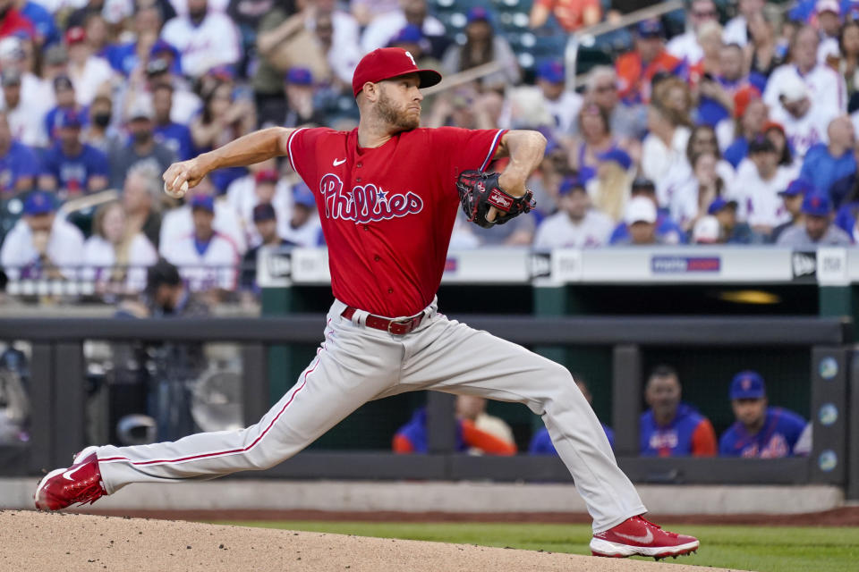 Philadelphia Phillies pitcher Zack Wheeler delivers during the first inning of a baseball game against the New York Mets, Sunday, May 29, 2022, in New York. (AP Photo/Mary Altaffer)