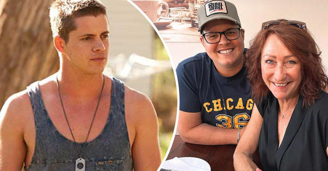 L: Johnny Ruffo as Chris Harrington on Home and Away. R: Johnny Ruffo and Lynne McGranger at a cafe