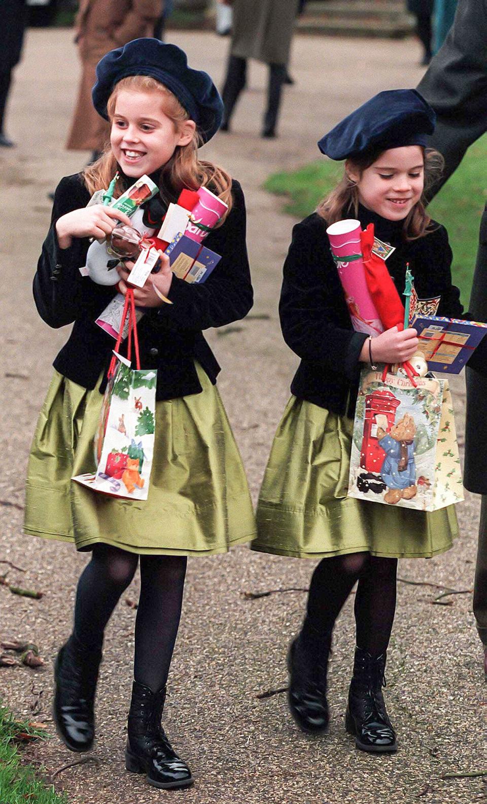 Princess Beatrice, and Princess Eugenie attend the annual Christmas Day service at Sandringham Church, on December 25 1997 in Sandringham, England.