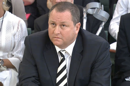 Mike Ashley, founder of sports clothing retailer Sports Direct gives evidence to the business, skills and innovation parliamentary select committee in Westminster, London, Britain, June 7, 2016. Parliament TV/Handout via REUTERS