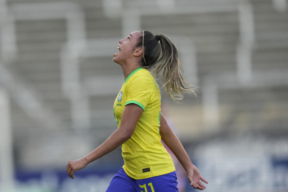 Brazil's Priscila celebrates after scoring her side's fourth goal against Japan during a women's friendly soccer match at the Neo Quimica Arena in Sao Paulo, Brazil, Thursday, Nov. 30, 2023. (AP Photo/Andre Penner)