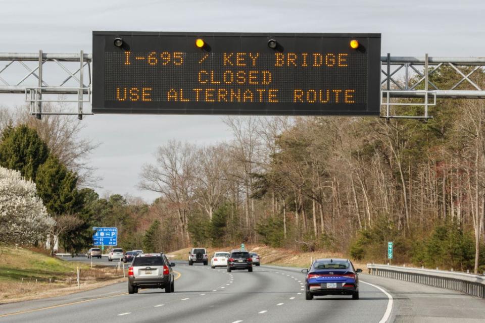 A highway sign warning about the Francis Scott Key Bridge closure