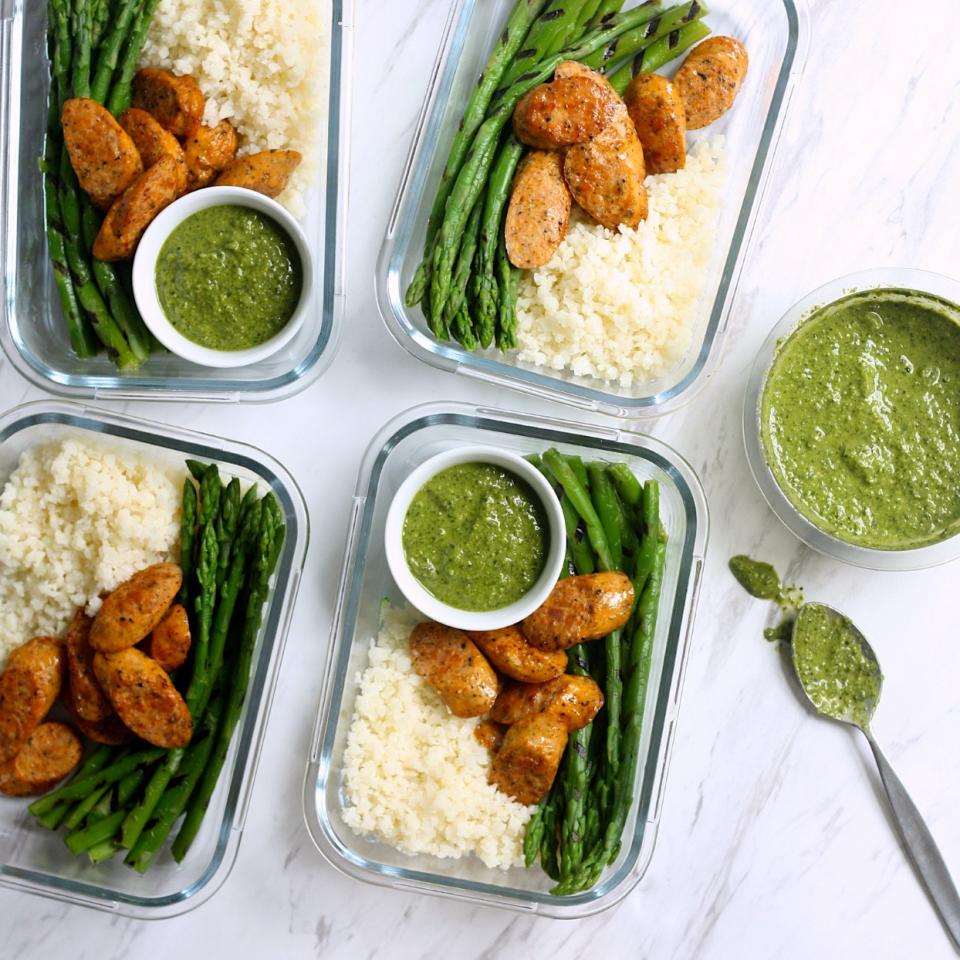 Cauliflower Rice Bowls with Grilled Asparagus & Chicken Sausage