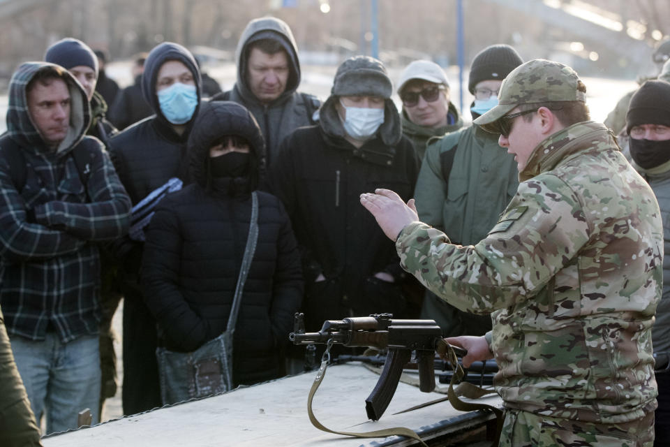 KIEV, UKRAINE - 2022/02/13: Ukrainians take part in a military training for residents, which was organized by Right Sector far-right activists in Kiev, Ukraine. 
Everyone was allowed to take part in the exercises of using of weapons, tactical medicine and safe behavior when detecting explosives. Russia has deployed over 100,000 troops near the Ukrainian border, and the U.S. says Russia may invade any day. (Photo by Pavlo Gonchar/SOPA Images/LightRocket via Getty Images)