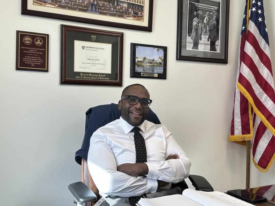 State Sen. Shevrin Jones discusses a bill that would ban the display of rainbow and Black Lives Matter flags in government buildings on Wednesday, Jan. 17, 2024, in Tallahassee, Florida. (AP Photo/Brendan Farrington)