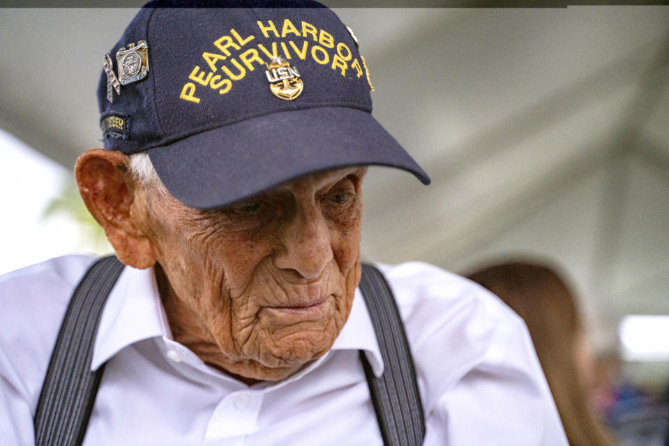 Pearl Harbor survivor Harry Chandler, 102, of Tequesta, Fla., speaks to the media during the 82nd Pearl Harbor Remembrance Day ceremony on Thursday, Dec. 7, 2023, at Pearl Harbor in Honolulu, Hawaii. Pearl Harbor Survivors, World War II veterans and their families gather in Pearl Harbor to commemorate those who perished 82 years ago. (AP Photo/Mengshin Lin)