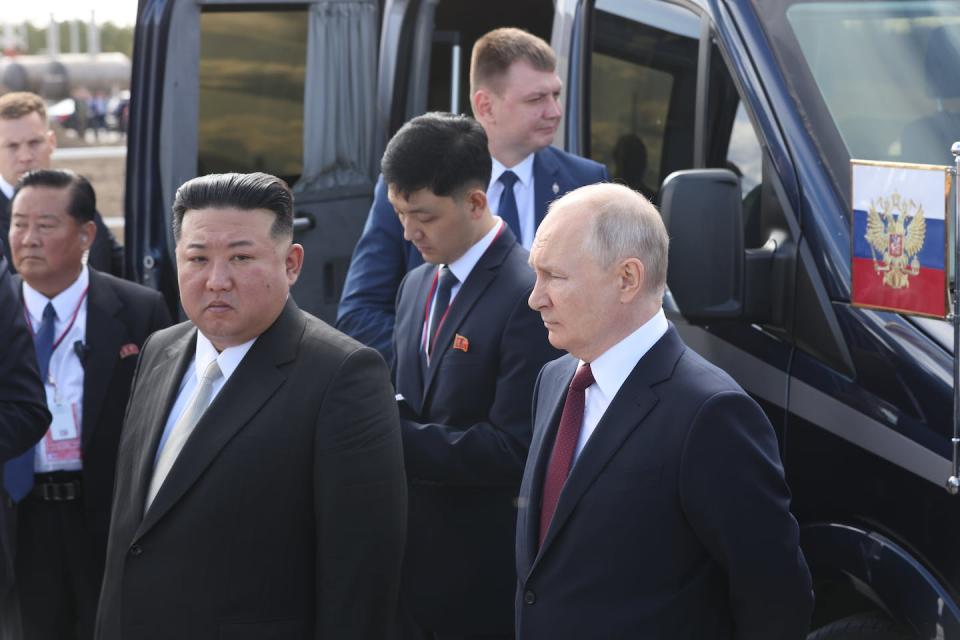 North Korean leader Kim Jong Un and Russian President Vladimir Putin visit a construction site of the Angara rocket launch complex in Tsiolkovsky, Russia. <a href="https://www.gettyimages.com/detail/news-photo/russian-president-vladimir-putin-and-north-korean-leader-news-photo/1661846456?adppopup=true" rel="nofollow noopener" target="_blank" data-ylk="slk:Getty Images;elm:context_link;itc:0;sec:content-canvas" class="link ">Getty Images</a>