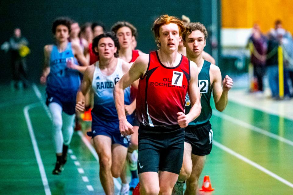 Old Rochester's Murray Copps sets the pace in the 2-mile at the SCC Championship at GNB Voc-Tech.