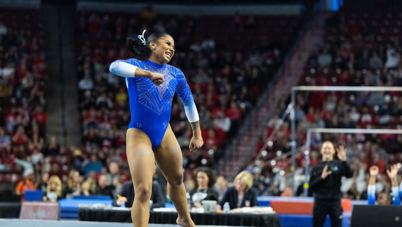 UCLA’s Jordan Chiles reacts during the Pac-12 Gymnastics Championships at the Maverik Center in West Valley City on March 18, 2023.