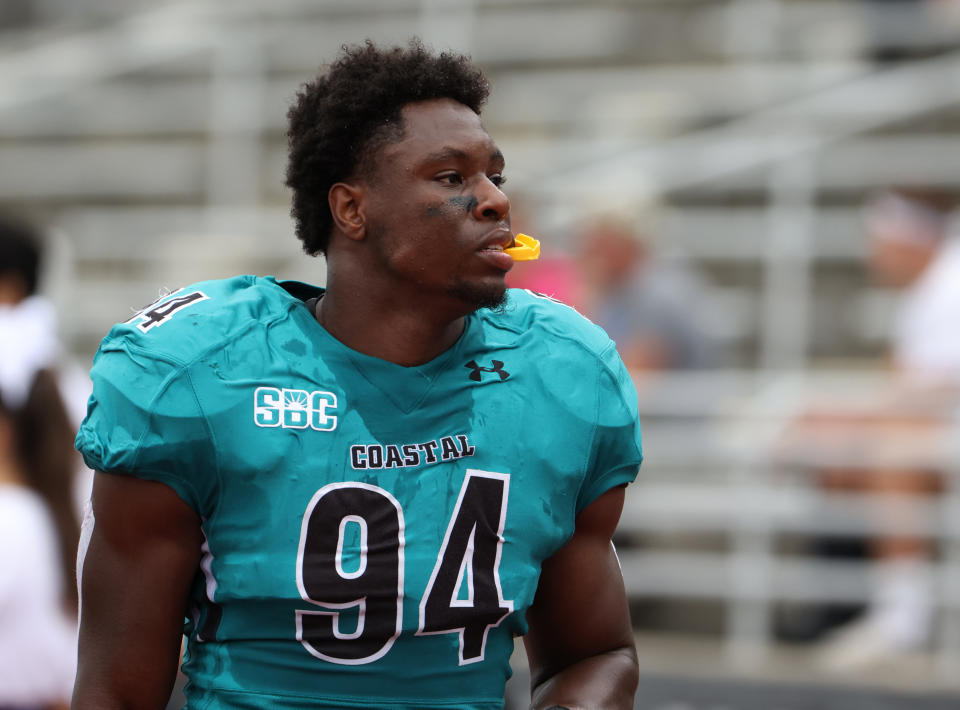 Coastal Carolina EDGE Jeffrey Gunter is a highly aggressive defender who fits the Ravens&#39; mold. (Photo by Timothy T Ludwig/Getty Images)