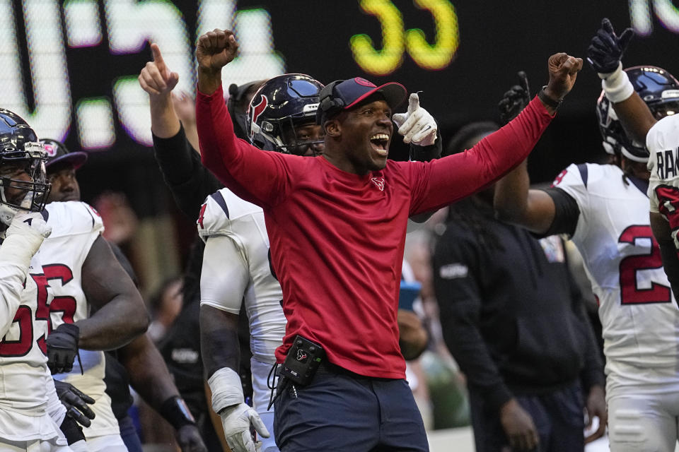 Houston Texans coach DeMeco Ryans reacts after the Atlanta Falcons fumble the ball in the second half of an NFL football game in Atlanta, Sunday, Oct. 8, 2023. (AP Photo/John Bazemore)