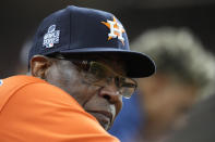 Houston Astros manager Dusty Baker Jr. watches during the seventh inning in Game 2 of baseball's World Series between the Houston Astros and the Atlanta Braves Wednesday, Oct. 27, 2021, in Houston. (AP Photo/David J. Phillip)