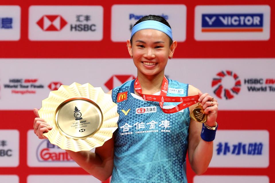 HANGZHOU, CHINA - DECEMBER 17: Gold medalist Tai Tzu-ying of Chinese Taipei poses during the medal ceremony for the Women's Singles Final match on day five of the BWF World Tour Finals 2023 at Hangzhou Olympic Sports Centre Gymnasium on December 17, 2023 in Hangzhou, Zhejiang Province of China. (Photo by VCG/VCG via Getty Images)