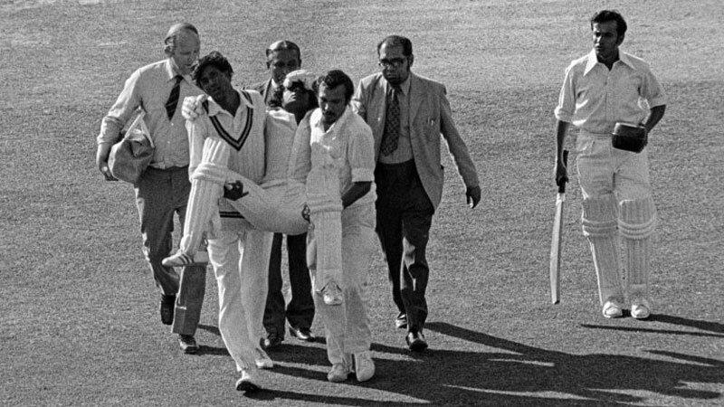 Duleep Mendis was carried off the field after being hit by Jeff Thomson. Pic: PlayersVoice