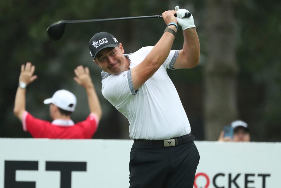 Justin Lower tees off on the fourth hole during final round action of the Rocket Mortgage Classic Sunday, July 2, 2023.  