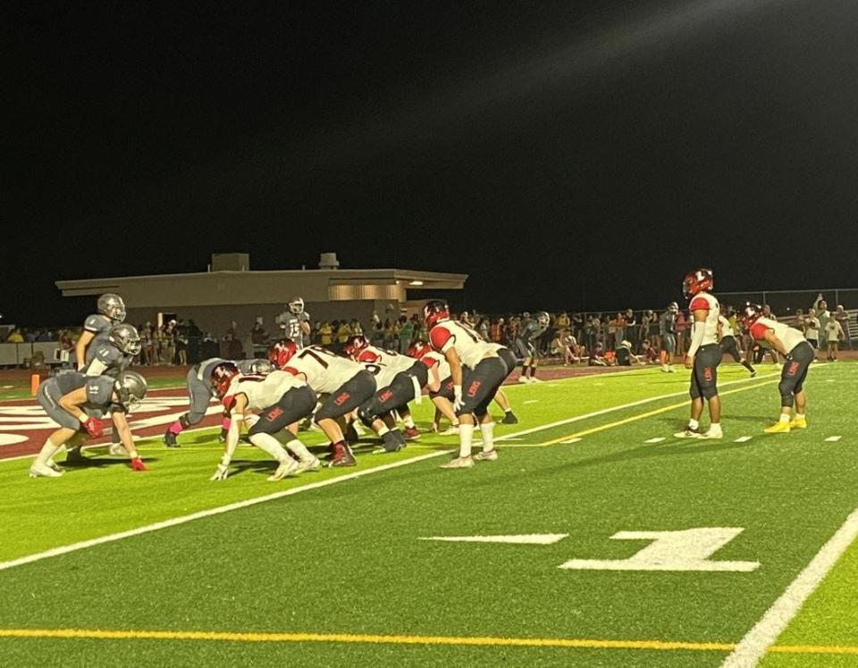 Liberty's offense lines up for a play against Sandra Day O'Connor on Friday night, Oct. 28, 2022.
