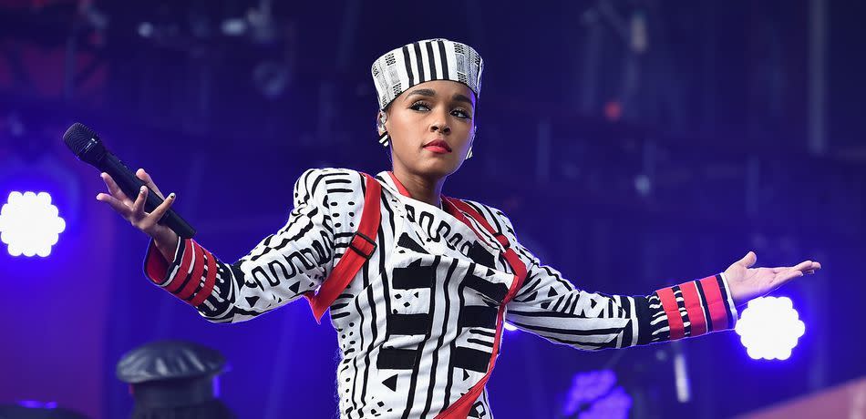 Janelle Monae performing onstage during the 2018 Global Citizen Festival.