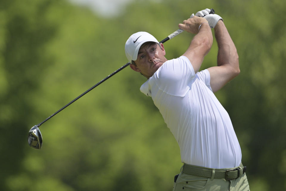 Rory McIlroy, of Northern Ireland, watches his tee shot on the fifth hole during the final round of the PGA Championship golf tournament at the Valhalla Golf Club, Sunday, May 19, 2024, in Louisville, Ky. (AP Photo/Jon Cherry)