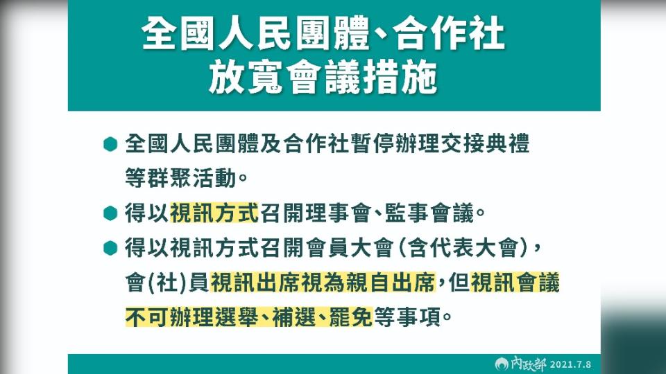 全國人民團體、合作社放寬會議措施。（圖／內政部）