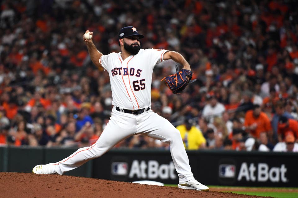 HOUSTON, TX - OCTOBER 19:  Jose Urquidy #65 of the Houston Astros pitches during Game 6 of the ALCS between the New York Yankees and the Houston Astros at Minute Maid Park on Saturday, October 19, 2019 in Houston, Texas. (Photo by Cooper Neill/MLB Photos via Getty Images)