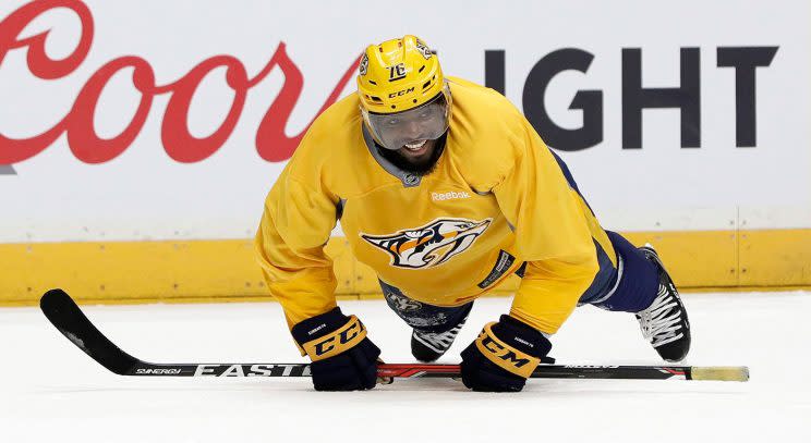 Nashville Predators defenseman P.K. Subban does pushups during practice. (Mark Humphrey/AP)