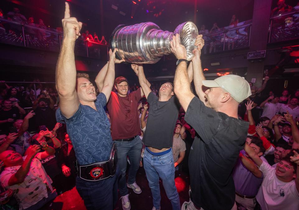 Matthew Tkachuk, Aleksander Barkov, Carter Verhaeghe and Sam Bennett are seen at 11EVEN Miami during the Florida Panthers Stanley Cup celebration on Wednesday night. (Photo by Alexander Tamargo/Getty Images for E11EVEN Miami)