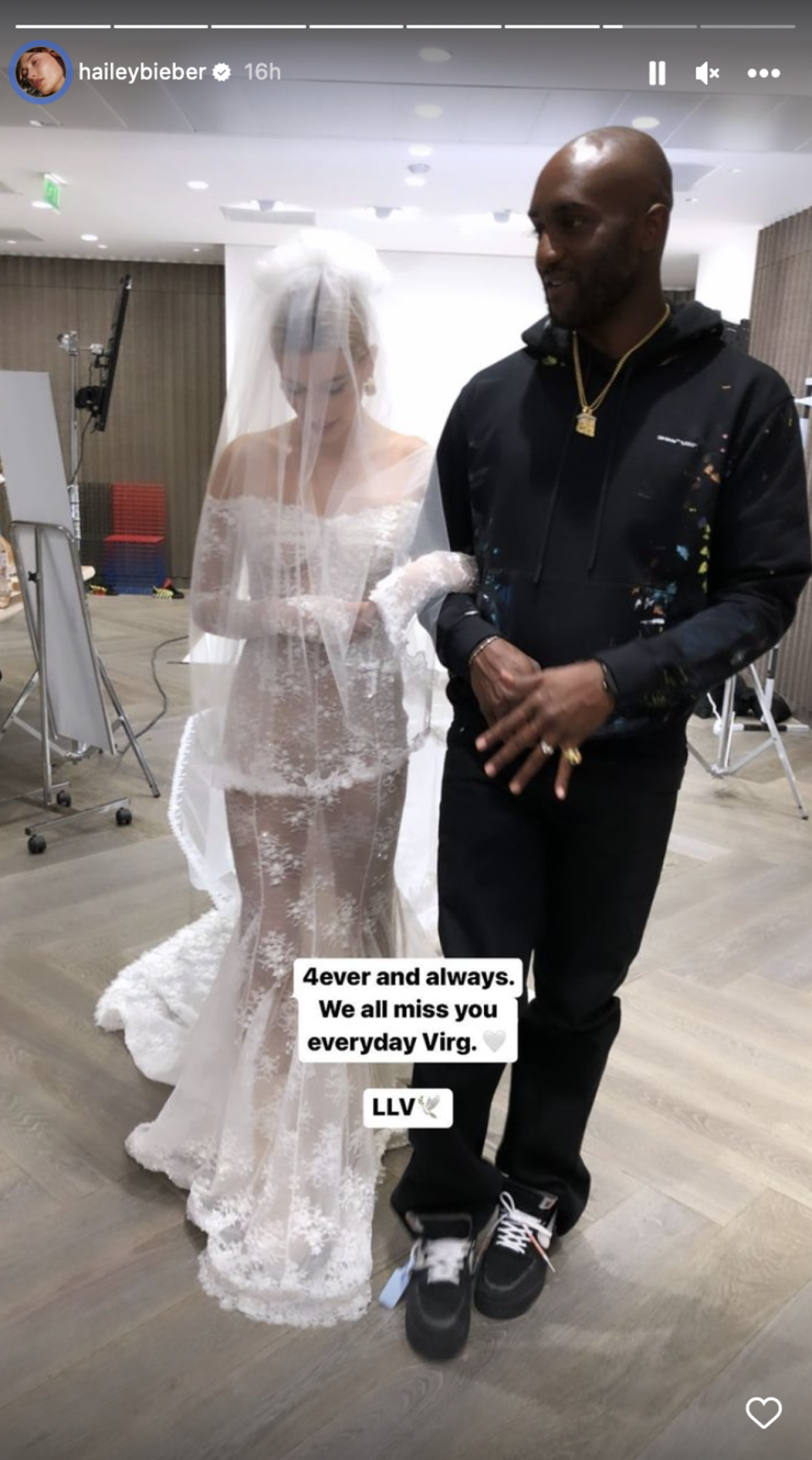 Hailey Bieber shares photo of wedding dress Virgil Abloh designed for her on anniversary of his death (Instagram / Hailey Bieber)