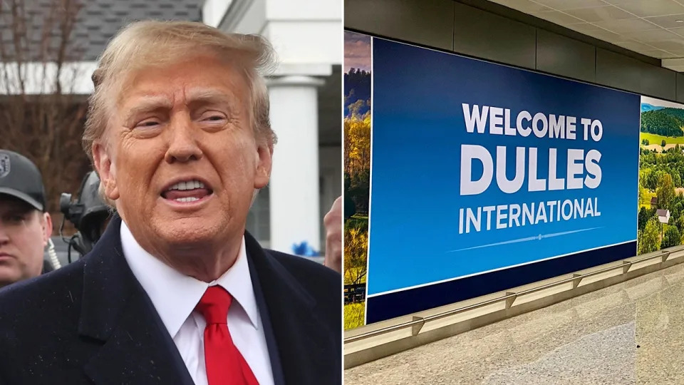 A split image of former President Trump and a sign welcoming travelers to Dulles International Airport