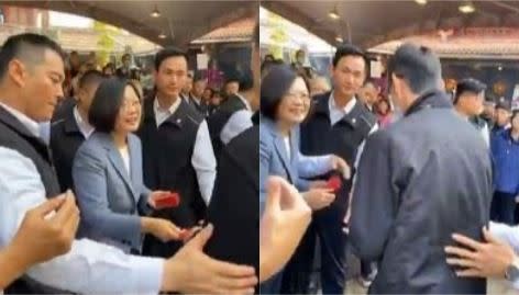 總統蔡英文發送福袋，身邊的人提醒不握手。（圖／翻攝自何志偉臉書）