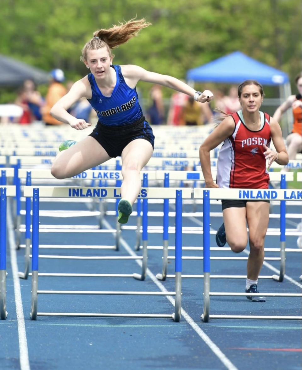 Larissa Huffman finished first in the 100 and 300 hurdles for the Inland Lakes girls track and field team at Friday's Division 4 regional meet in Indian River.