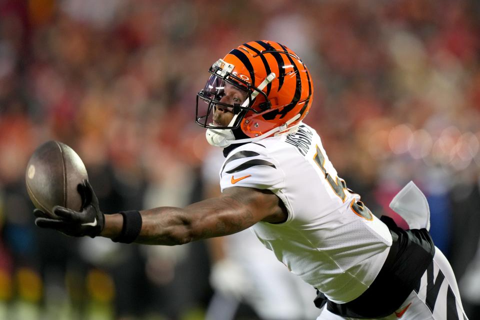 Cincinnati Bengals wide receiver Tee Higgins (5) gets his hand on a deep pass in the third quarter during a Week 17 NFL football game between the Cincinnati Bengals and the Kansas City Chiefs, Sunday, Dec. 31, 2023, at GEHA Field at Arrowhead Stadium in Kansas City, Mo. The Kansas City Chiefs won, 25-17.