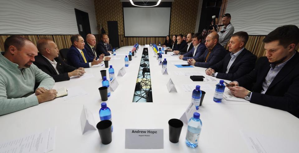 Craig W. Buttars, center left, commissioner of the Utah Department of Agriculture and Food, talks with a group from Ukraine’s Ministry of Agrarian Policy in Kyiv, Ukraine, on Wednesday, May 3, 2023. | Scott G Winterton, Deseret News