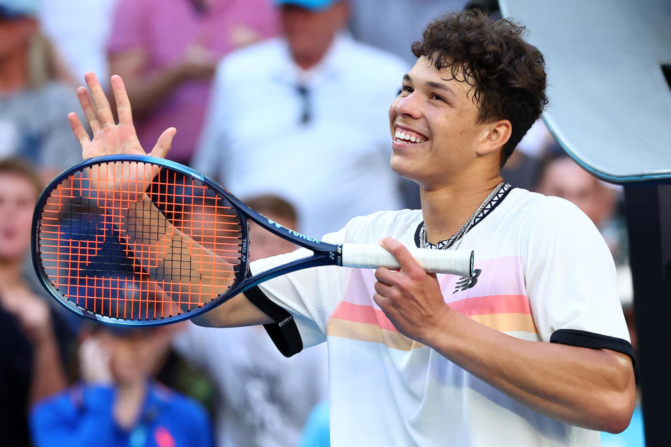 MELBOURNE, AUSTRALIA - JANUARY 23: Ben Shelton of the United States celebrates winning in the fourth round singles match against J.J. Wolf of the United States during day eight of the 2023 Australian Open at Melbourne Park on January 23, 2023 in Melbourne, Australia. (Photo by Graham Denholm/Getty Images)