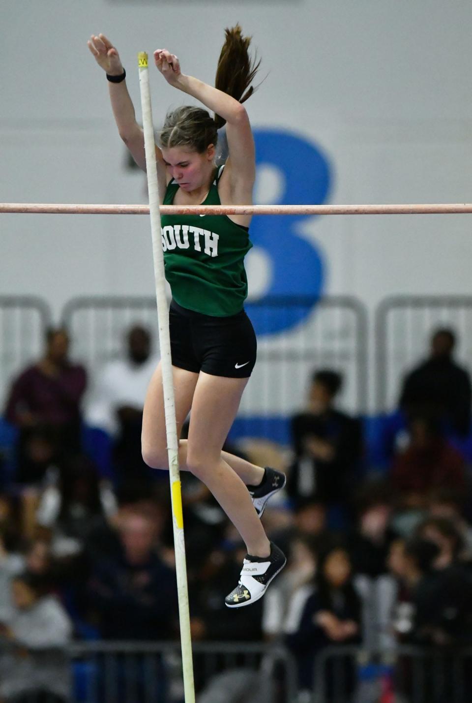 South Hagerstown's Riley Troxell clears the bar at 10 feet for fifth place in the Class 3A girls pole vault during the Maryland Indoor Track and Field Championships.