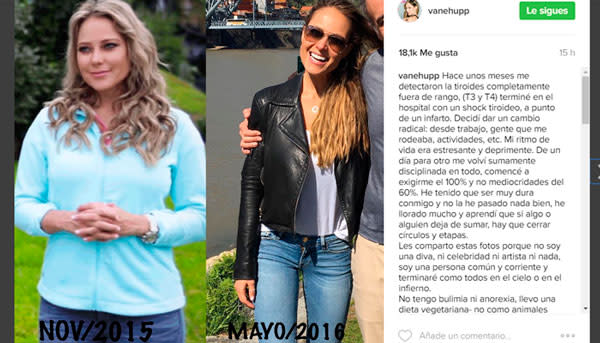 El cambio en su peso y su sonrisa es notable, resultado de un gran esfuerzo que ella misma relató. Foto: Instagram @vanehupp