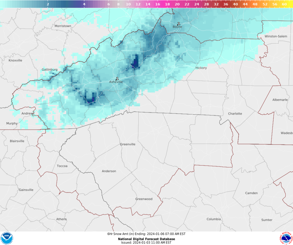 Predicted snow amounts by 7 a.m. on Jan. 6, according to the National Weather Service.