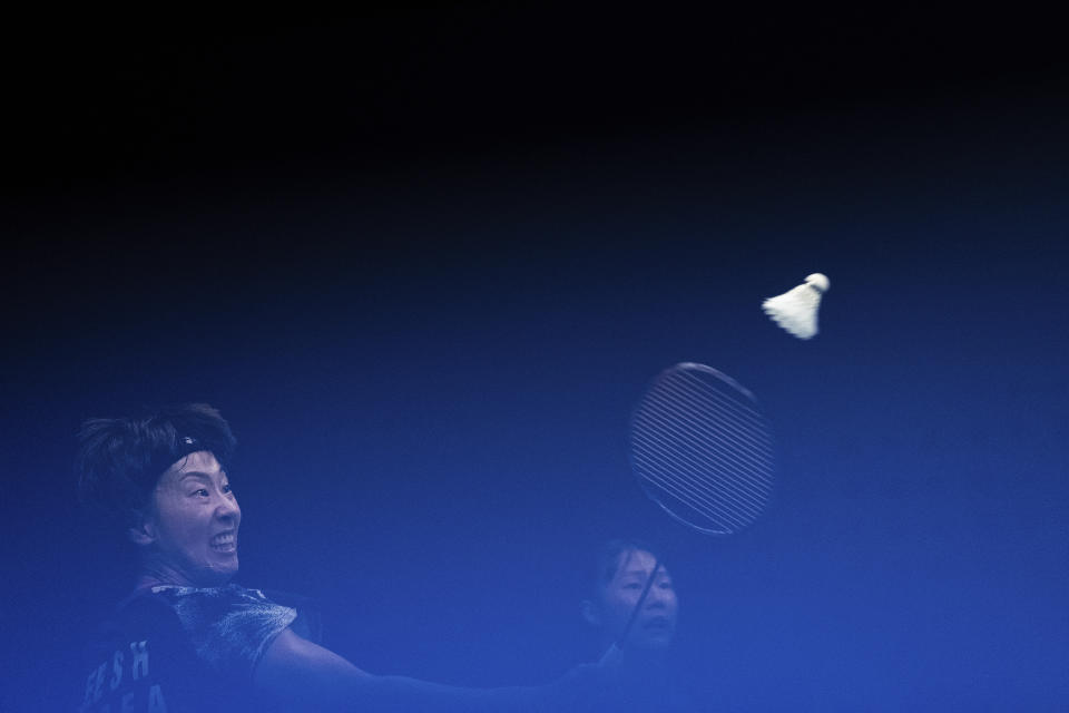 South Korea's Lee Sohee and Baek Hana compete during the women's team gold medal team match at the 19th Asian Games in Hangzhou, China, Sunday, Oct. 1, 2023. (AP Photo/Louise Delmotte)