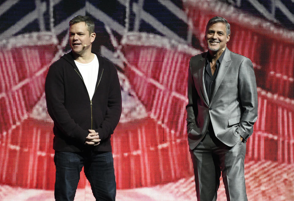 Matt Damon, left, a cast member in the upcoming film "Suburbicon," addresses the audience with director George Clooney during the Paramount Pictures presentation at CinemaCon 2017 at Caesars Palace on Tuesday, March 28, 2017, in Las Vegas. (Photo by Chris Pizzello/Invision/AP)