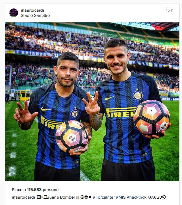 Il capitano dell’Inter pubblica la foto che lo ritrae con Banega e il pallone della partita regalato ai calciatori che segnano una tripletta. (Foto Instagram)