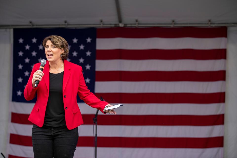 Kentucky Senate candidate, Amy McGrath, speaks during an early voting rally at Lynn Family Stadium on Tuesday. Oct. 27, 2020