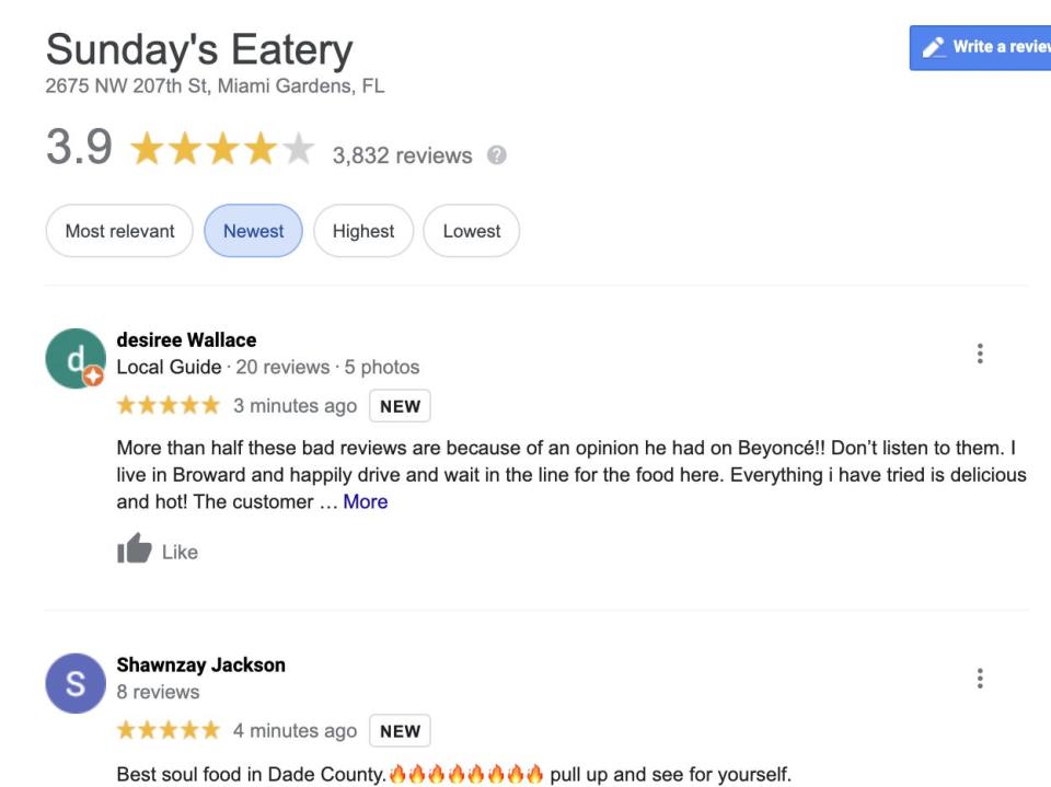 A selection of Google reviews on Trick Daddy's Sunday's Eatery