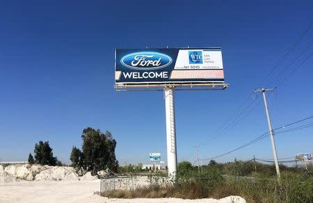 A billboard welcoming Ford Motor Co is seen at an industrial park in San Luis Potosi, Mexico, January 4, 2017. Picture taken January 4, 2017. REUTERS/Christine Murray