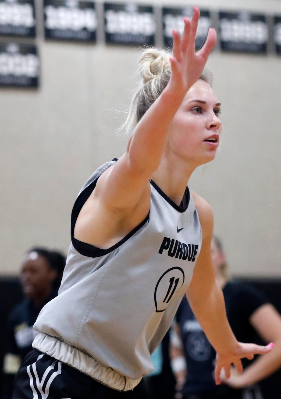 Purdue Boilermakers guard McKenna Layden (11) defends during a basketball practice, Thursday, Oct. 5, 2023, at Cardinal Court in West Lafayette, Ind.