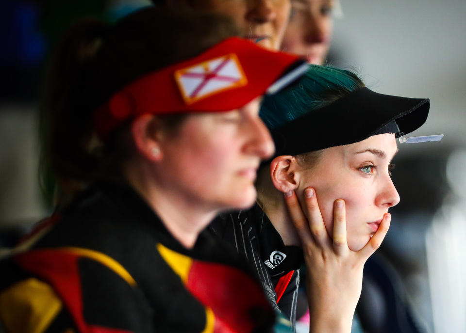 Scotland's Seonaid McIntosh (R) competes during the women's 50m rifle prone shooting final during the 2018 Gold Coast Commonwealth Games at the Belmont Shooting Complex in Brisbane on April 12, 2018. / AFP PHOTO / Patrick HAMILTON        (Photo credit should read PATRICK HAMILTON/AFP via Getty Images)