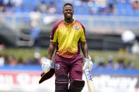 West Indies' Shimron Hetmyer walks off the field after being caught out by India's Shreyas Iyer during the fifth and final T20 cricket match, Sunday, Aug. 7, 2022, in Lauderhill, Fla. India won the match and the series. (AP Photo/Lynne Sladky)