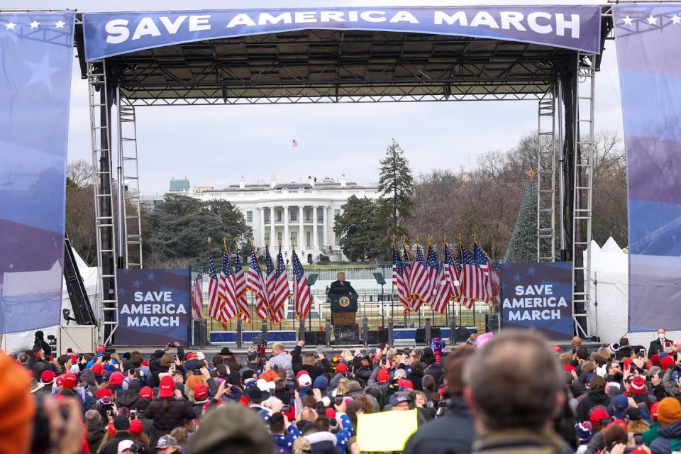 Donald Trump speaks at the Save America March rally on Jan. 6, 2021, in Washington, D.C. <a href="https://www.gettyimages.com/detail/news-photo/president-donald-trump-speaks-at-save-america-march-rally-news-photo/1230453004?adppopup=true" rel="nofollow noopener" target="_blank" data-ylk="slk:Photo by Tayfun Coskun/Anadolu Agency via Getty Images;elm:context_link;itc:0;sec:content-canvas" class="link ">Photo by Tayfun Coskun/Anadolu Agency via Getty Images</a>