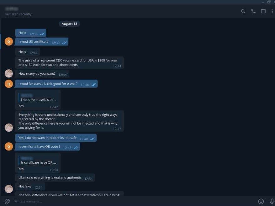 Telegram messages about fake vaccination cards