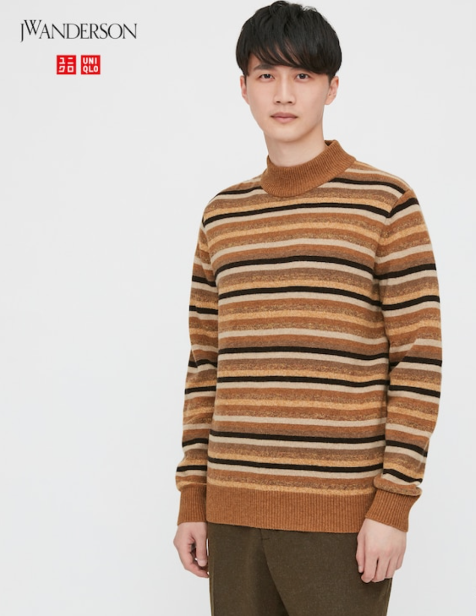 JW Anderson x Uniqlo Lambswool Mock Neck Long-Sleeve Sweater in 34 Brown (Photo via Uniqlo)